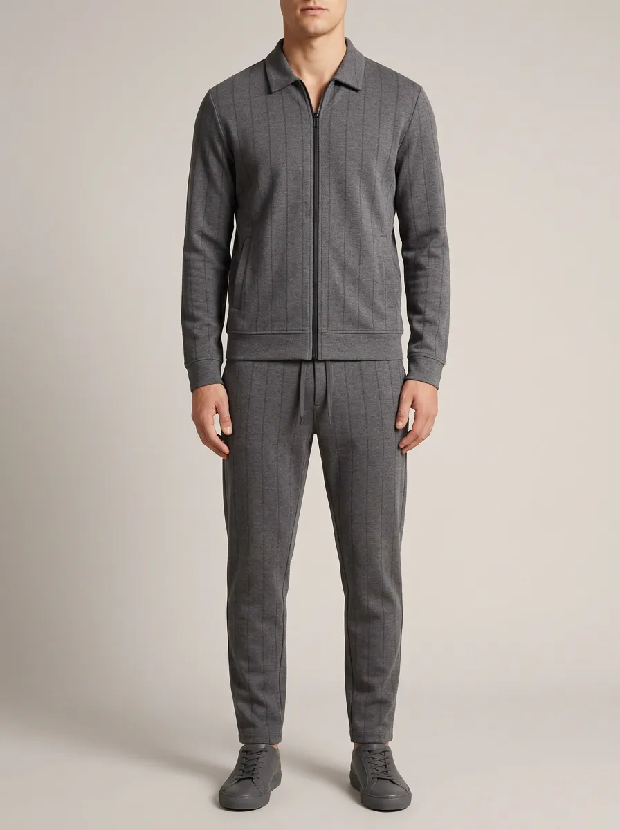 Men's Pinstripe Minimal Polo Collar Jacket and Jogger Pants Set