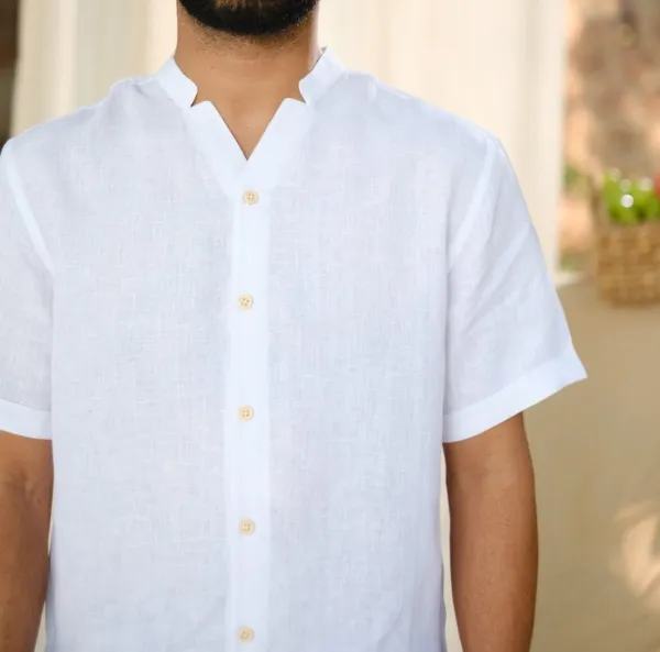 Pearl White Relaxed Linen V-Neck Shirt