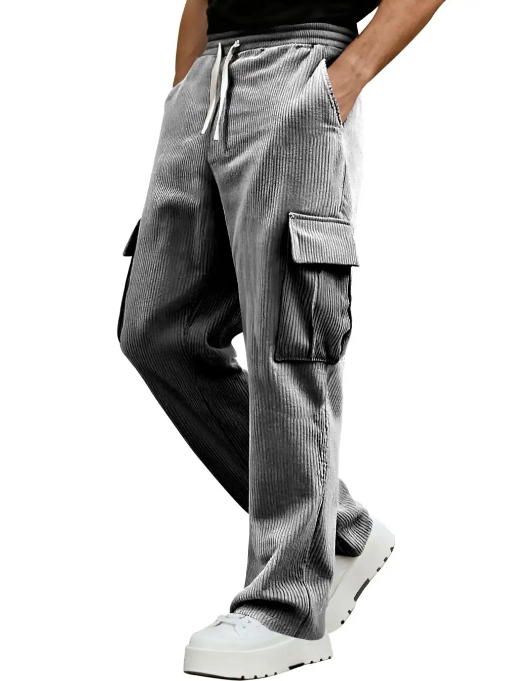 Men's Casual Corduroy Cargo Pants Waist Straight Leg Pockets