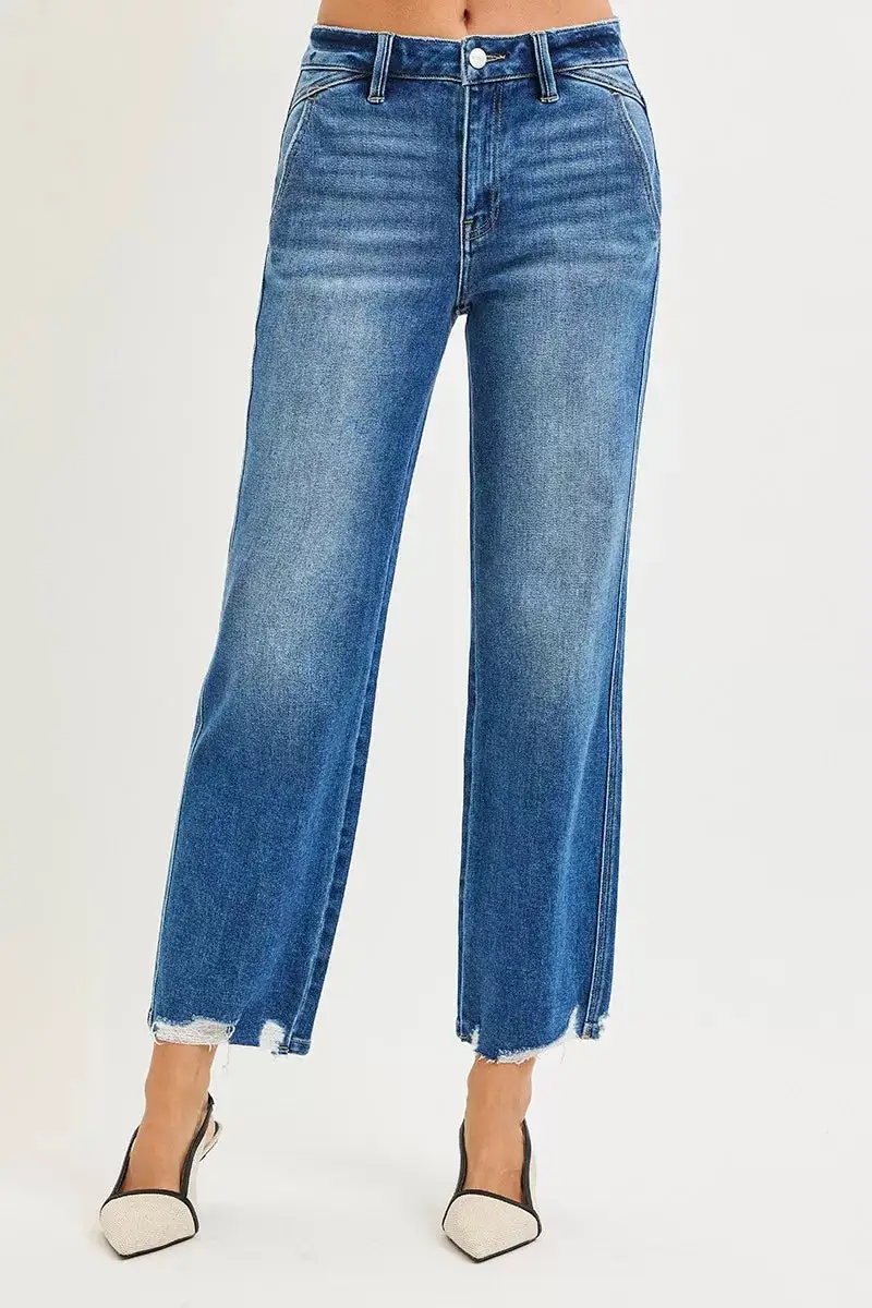High-Rise Raw-Hem Distressed Washed Straight Leg Jeans