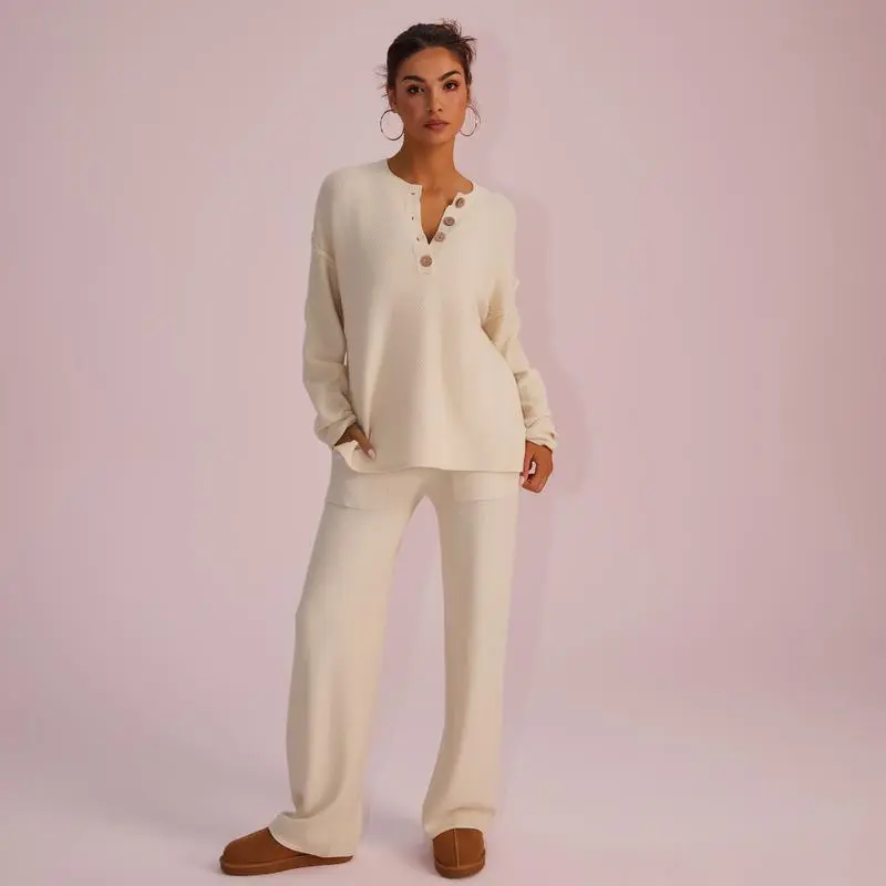 Women's Waffle Knit Loungewear Set Cozy Button Front Top & Wide Leg Pants