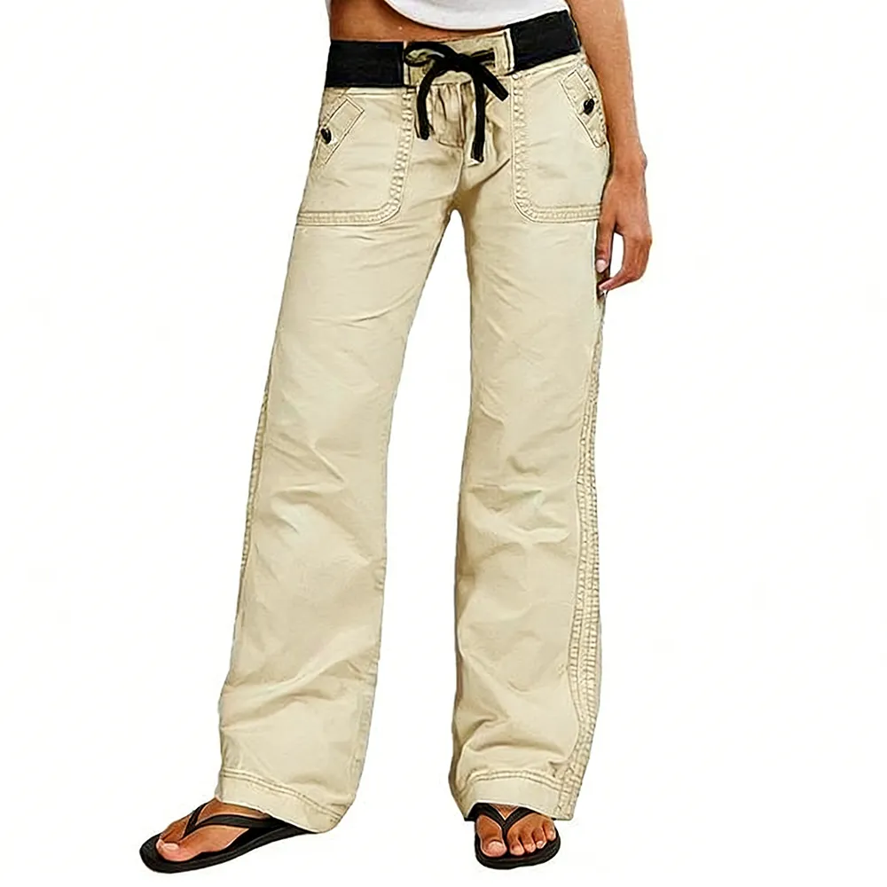 Solid Seam Detail Drawstring Mid Rise Straight Leg Pants