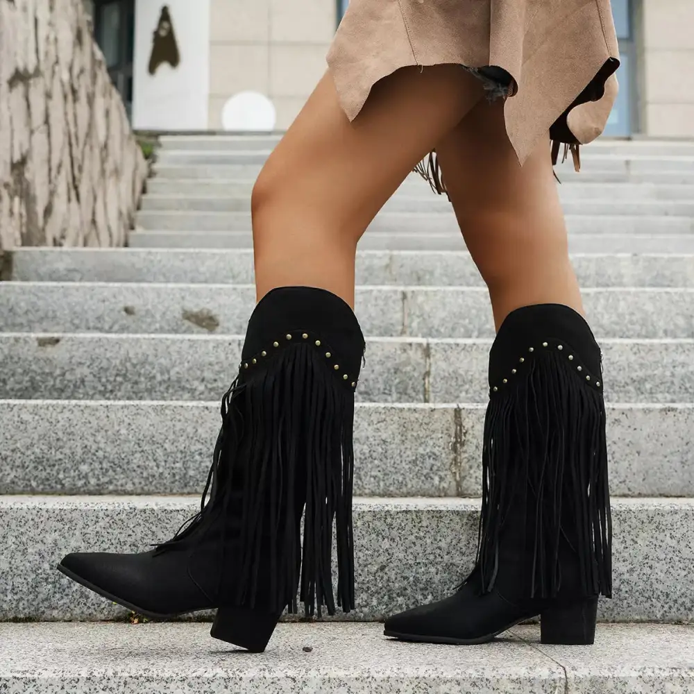 Fringe Point Toe Block Heels Boots
