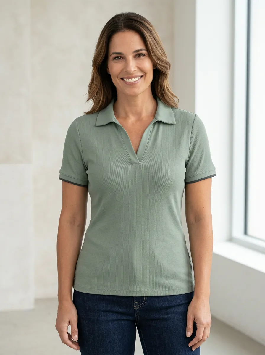 Women's Sage Green Ribbed V-Neck Polo Shirt