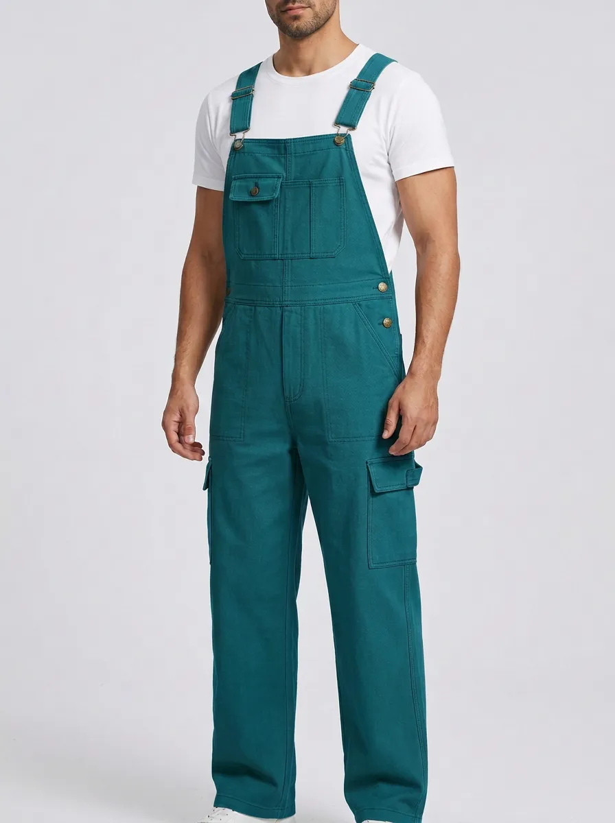 Men's Olive Green Multi-Pocket Utility Bib Overalls