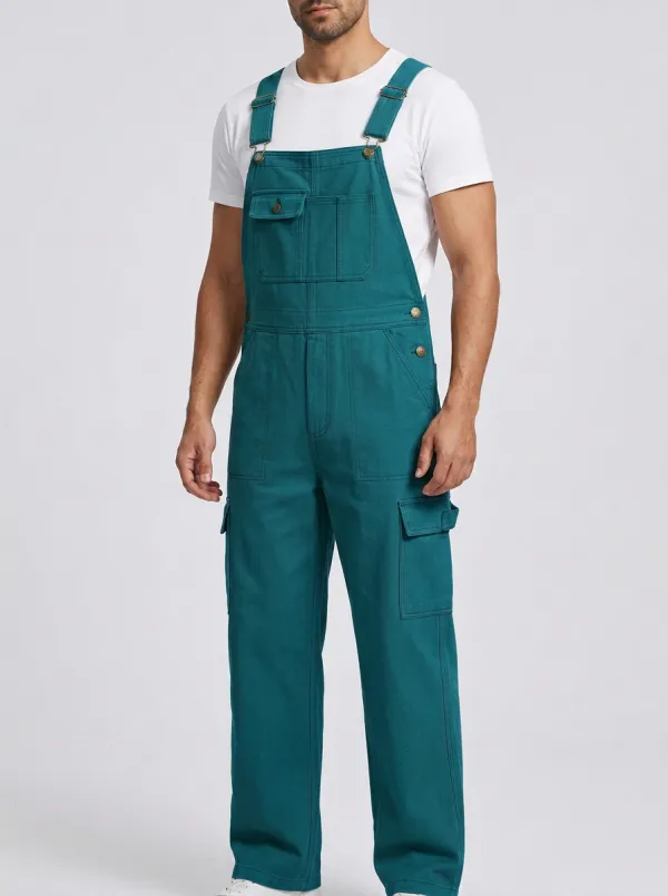 Men's Olive Green Multi-Pocket Utility Bib Overalls
