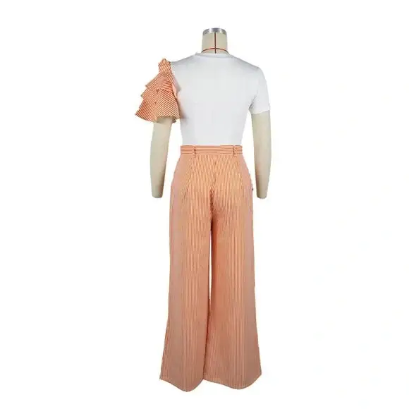 Crew-neck Short-sleeved Striped Wide-leg Pants Palazzo Set