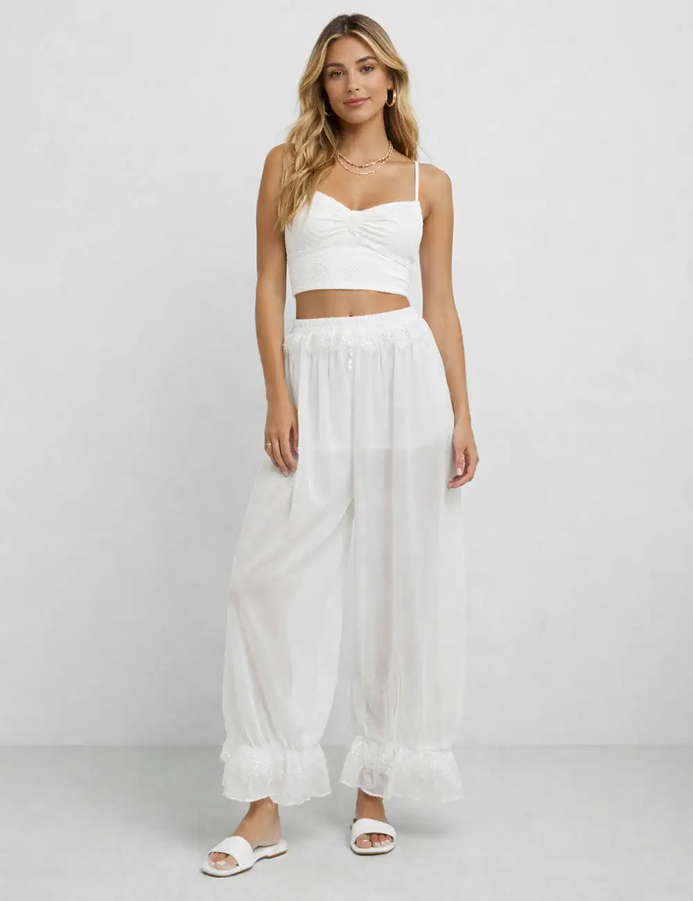 Lace Panel Elastic Waist Lantern Pants