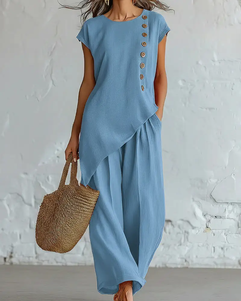 Asymmetrical Button Top and Wide-Leg Pants Lounge Set