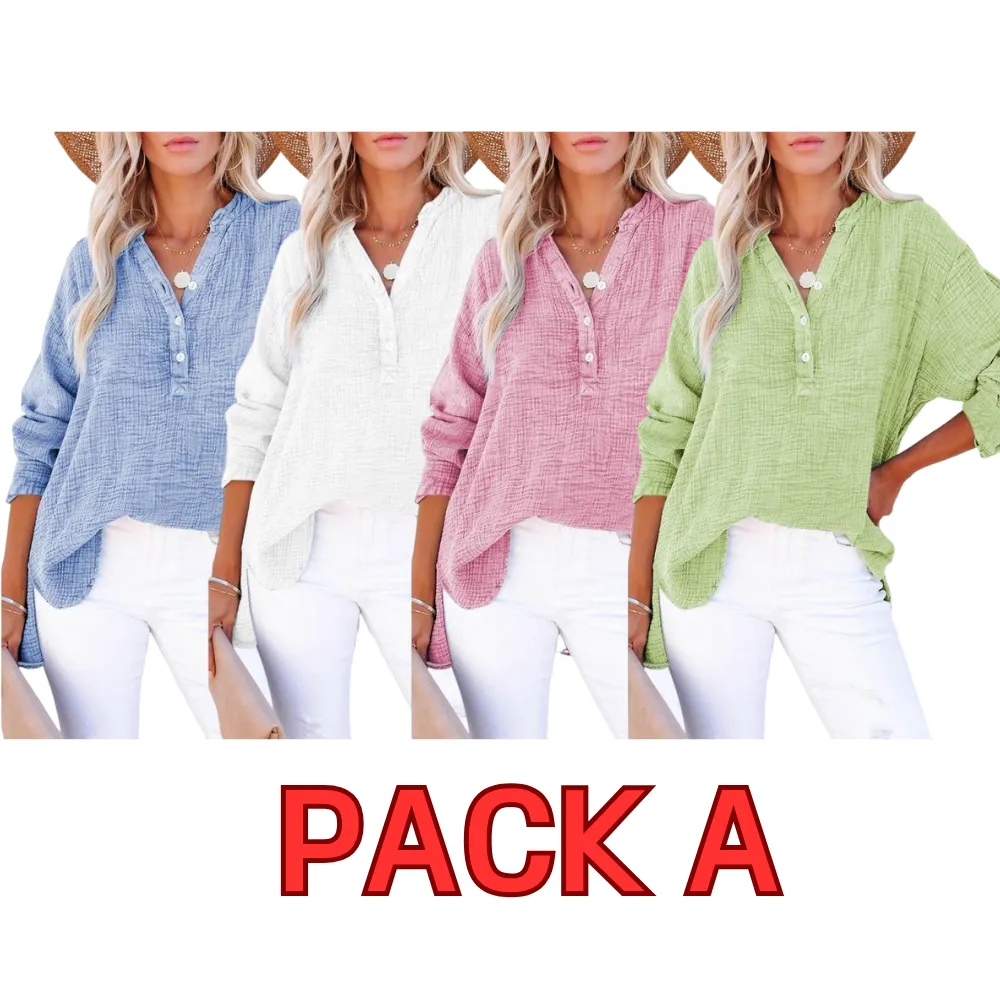 Women's Casual Button V Neck Long Sleeve