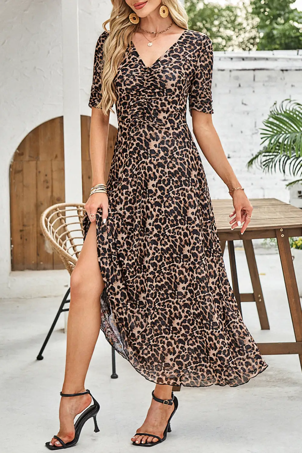 Floral Print Leopard Print Short Sleeve V Neck Mesh Midi Dress