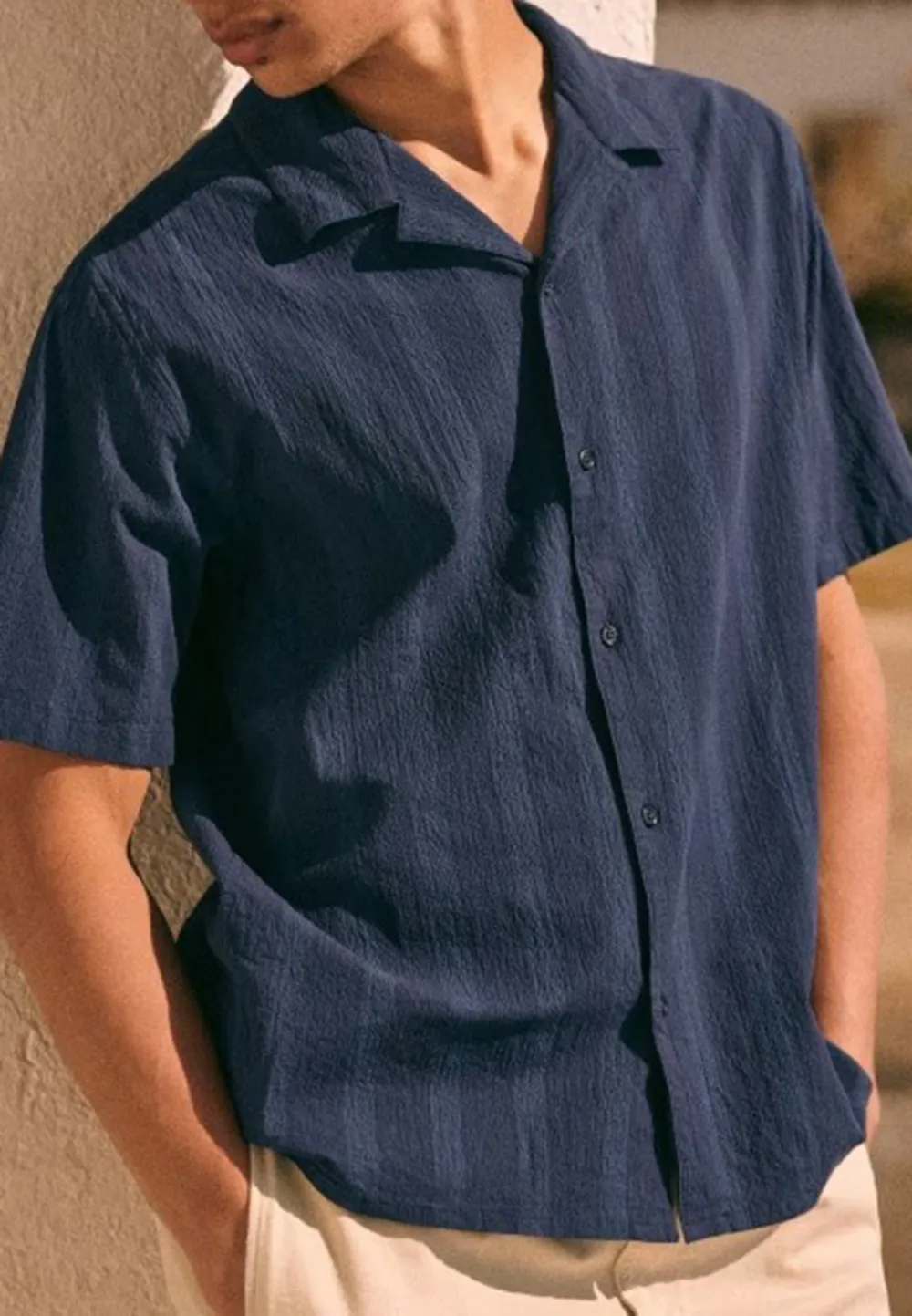 Navy Blue Solid Seersucker Short Sleeve Camp Shirt