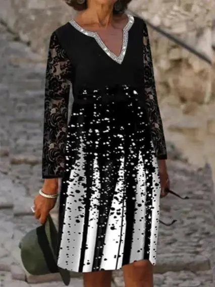 Lace Long-sleeved V-neck Digital Printing Casual Dress