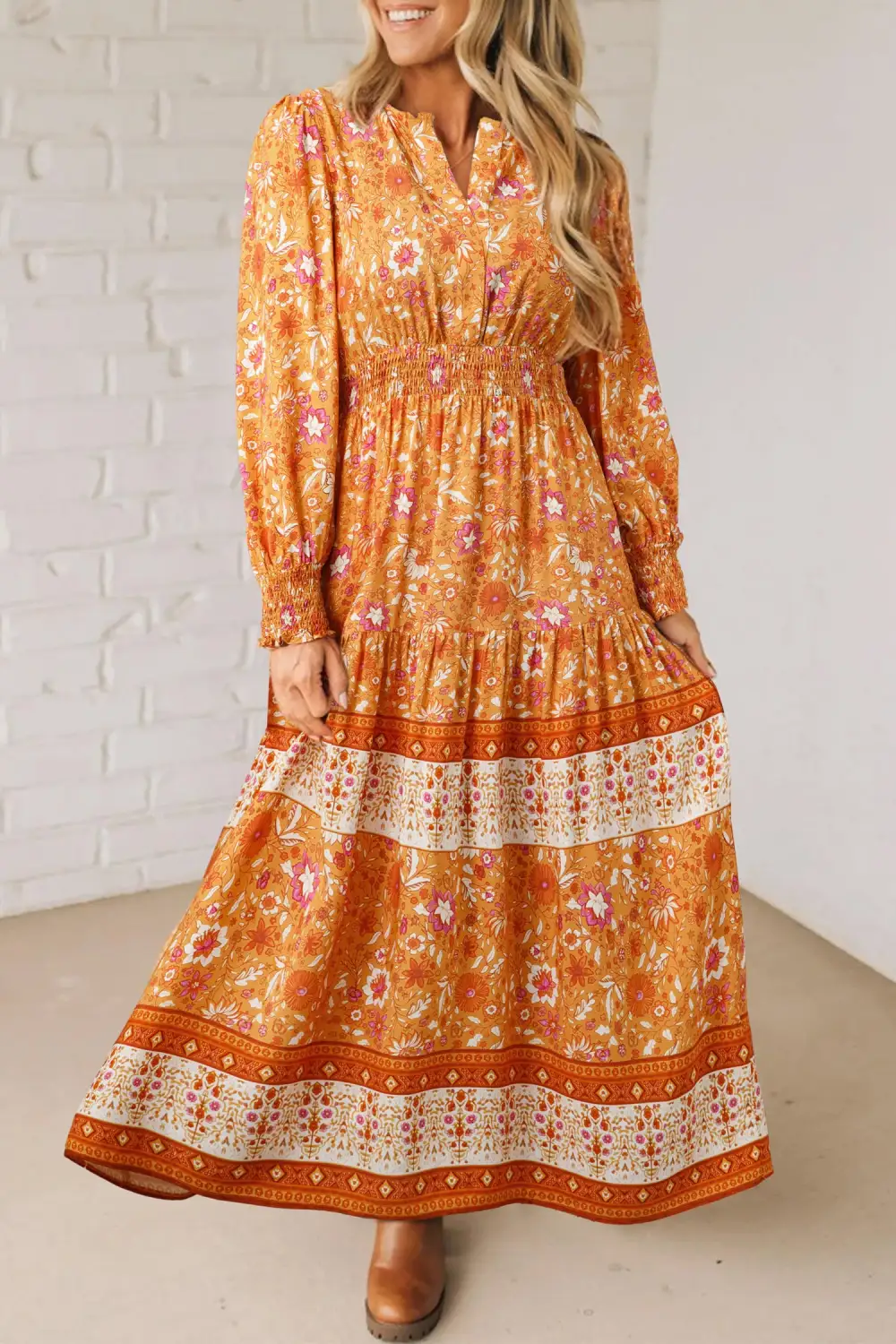 Polished Detail Floral Printed Smocked Maxi Dress