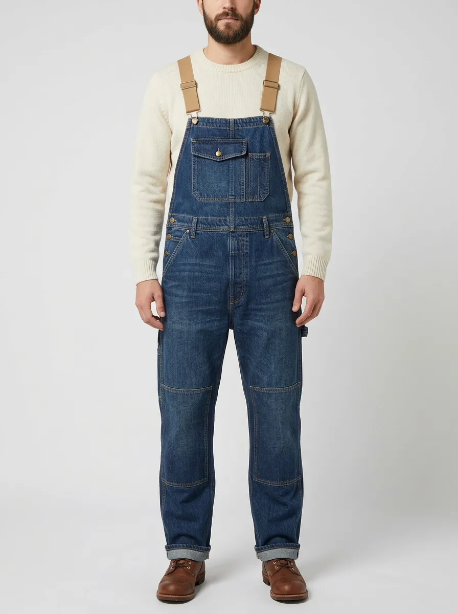 Men's Vintage Style Blue Denim Workwear Bib Overalls