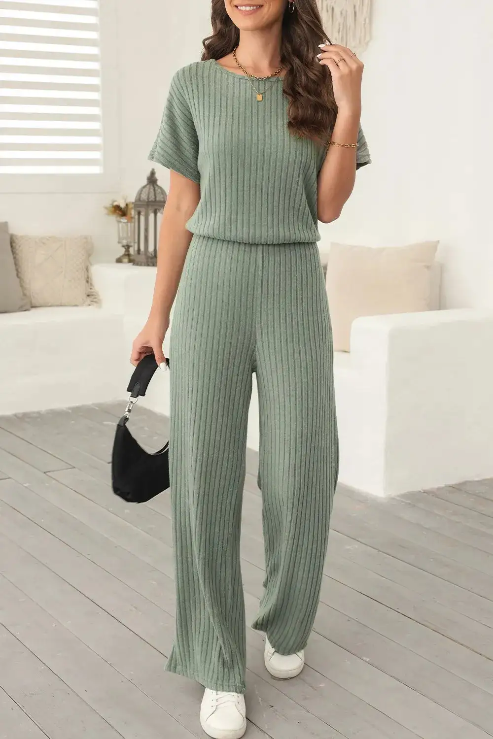 Ribbed Short Sleeve Wide Leg Jumpsuit Shorts