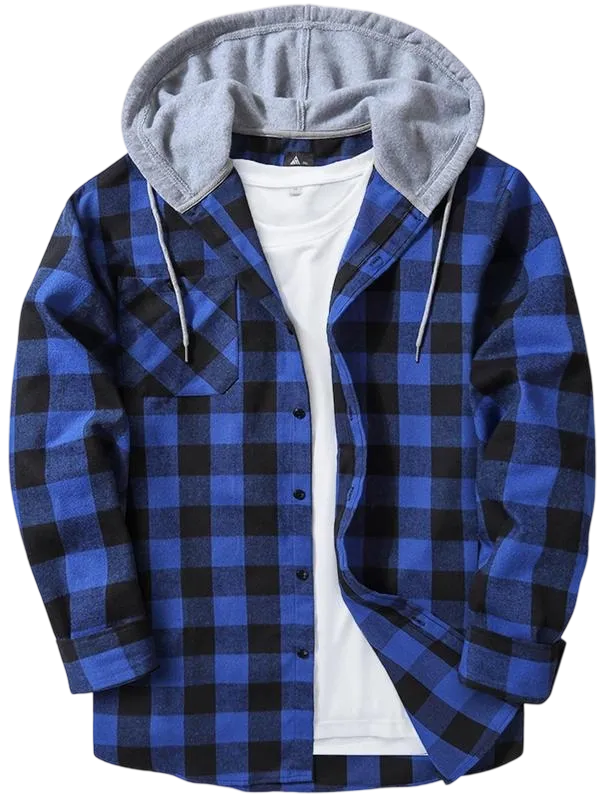 Men's Plaid Print Button Front Drawstring Hooded Shirt, Regular Fit Casual Long Sleeve Pocket Top, Men's Clothes for Daily Wear