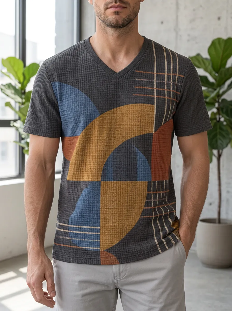 Men's Expressive Abstract Geometric Pattern Waffle V-Neck T-Shirt