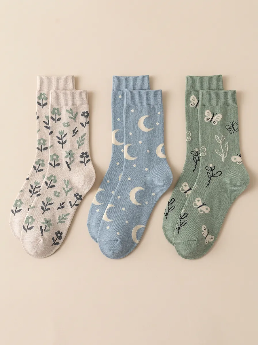 Women's Celestial Butterfly Botanical Crew Socks Three Pair Set