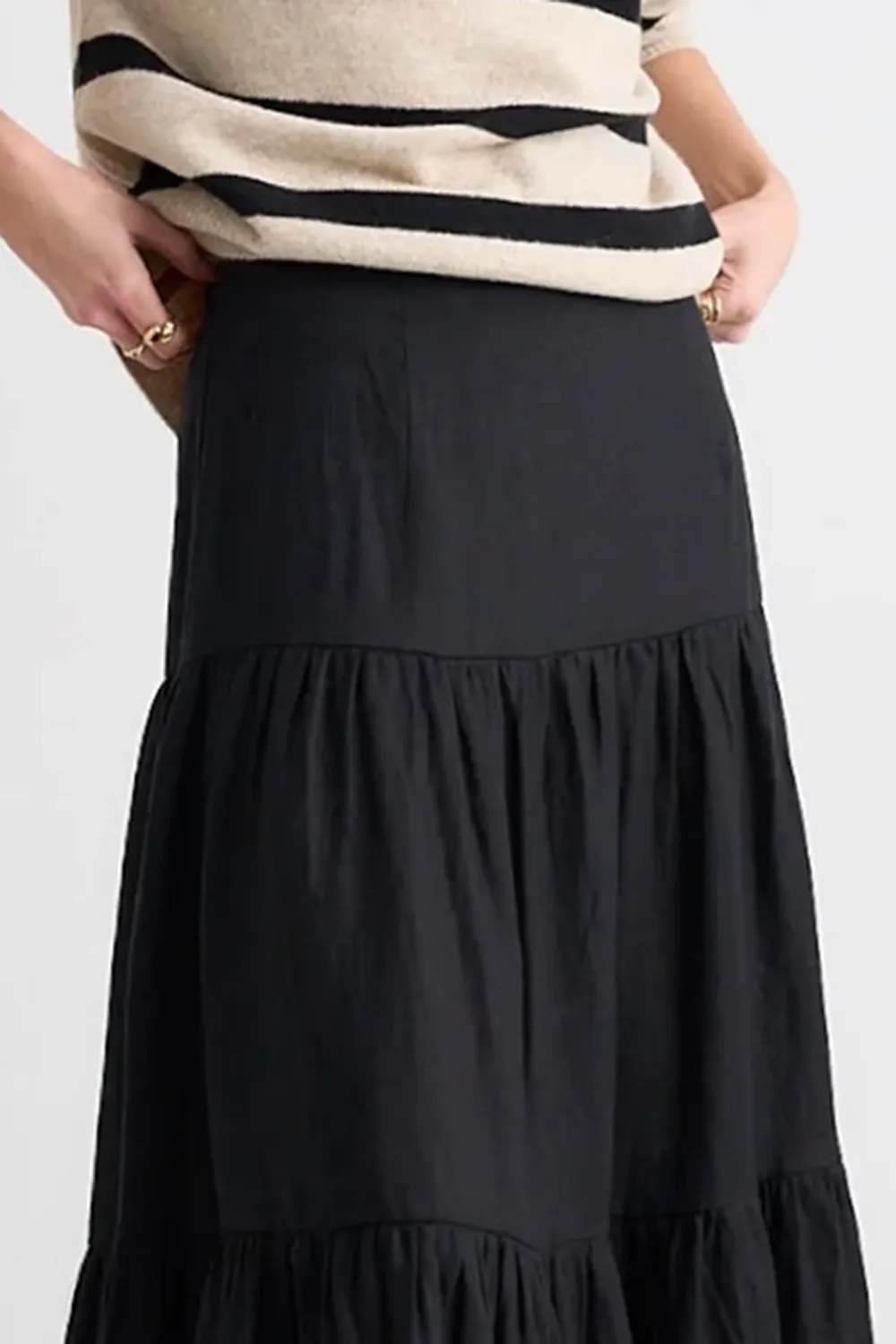 Ruffled Hem Linen Midi Skirt
