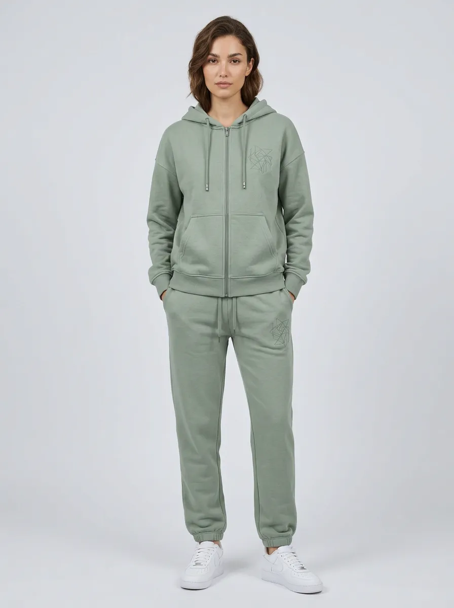 Women's Sage Green Elastic-Waist Joggers Cuffed Joggers Zip-Up Hoodie Jacket & Jogger Set