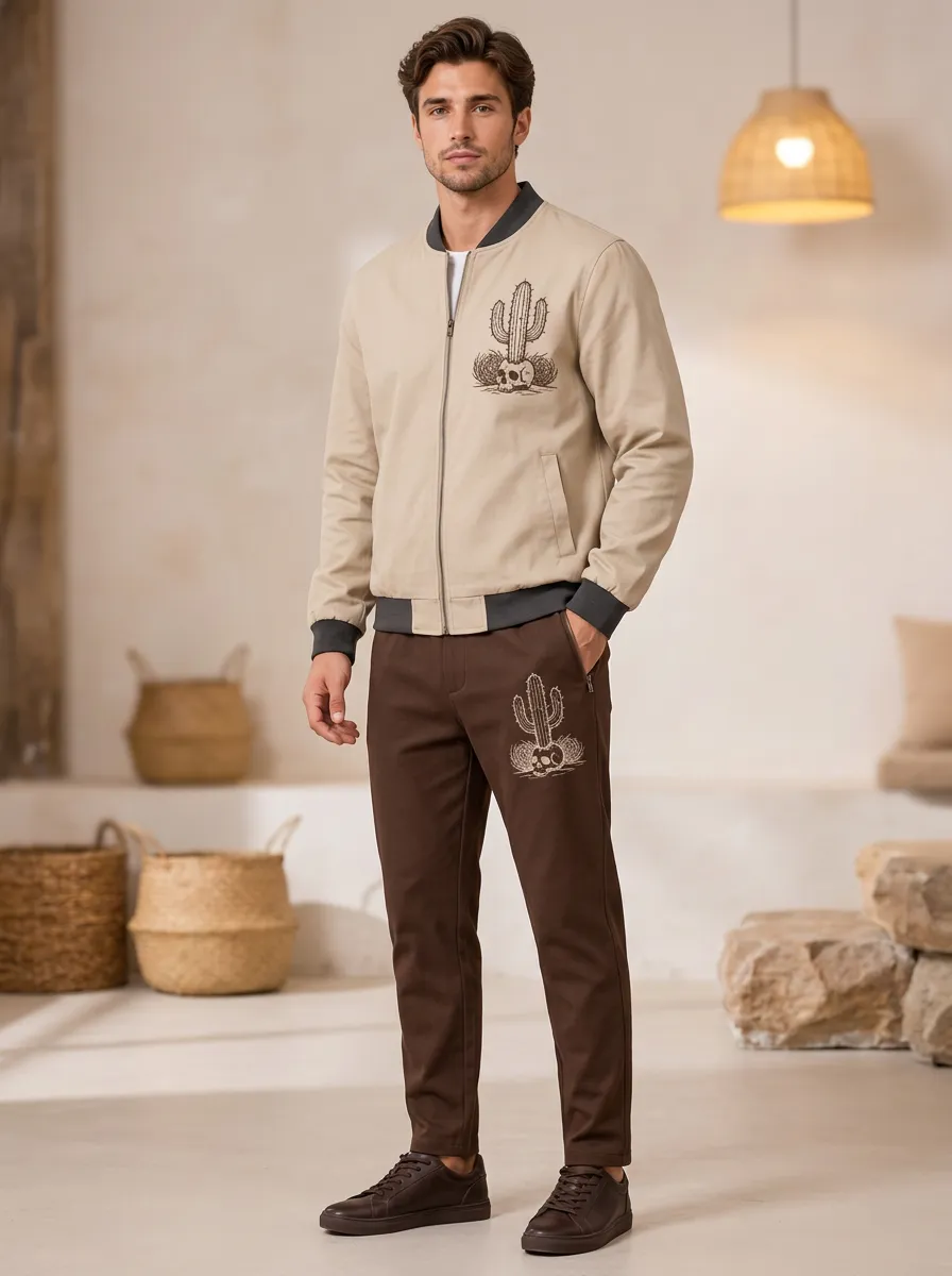 Men's Skull-Cactus Knit-Look Bomber-Jacket & Trousers Two-Piece Set