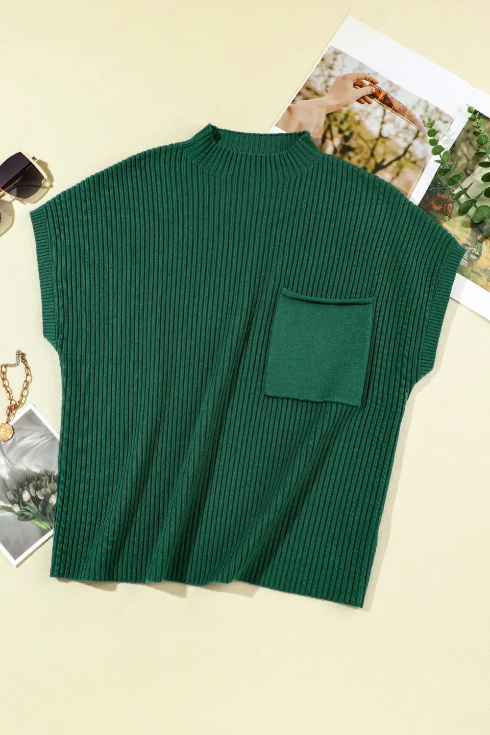 Patch Pocket Ribbed Knit Short Sleeve Textured Layer Sweater