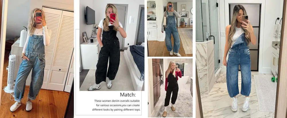 Women's Denim-Effect Print Plicated Wide Leg Overalls Jumpsuit, Minimalist Chic Fashion Casual Pocket Square Neck Overalls Jumpsuit for Daily Outdoor Wear, Ladies Clothes for All Seasons
