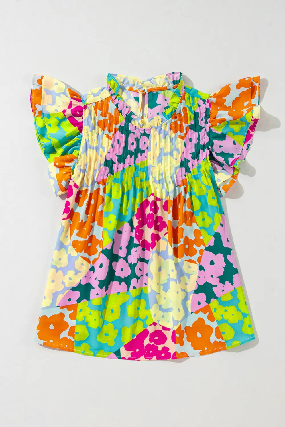 Abstract Print Pleated Flutter Sleeve Blouse