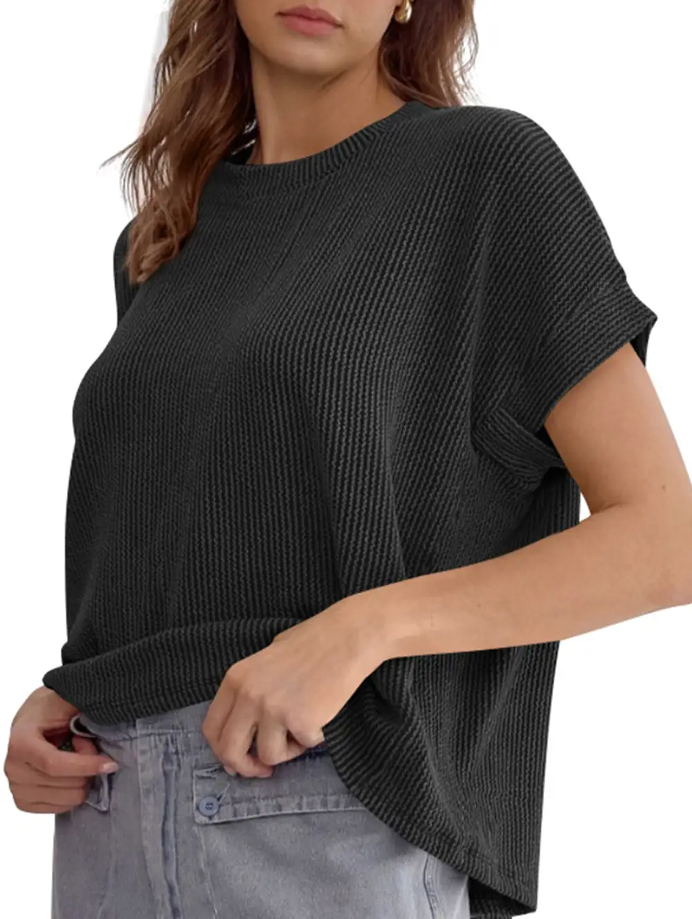 Ribbed Knit Crew Neck Tee