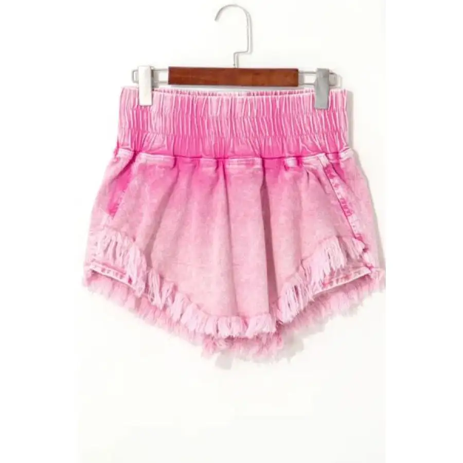 Washed Wide Smocked Waistband Frayed Denim Shorts