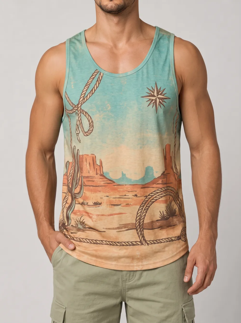 Men's Western Desert Cowboy Rope Printed Tank Top