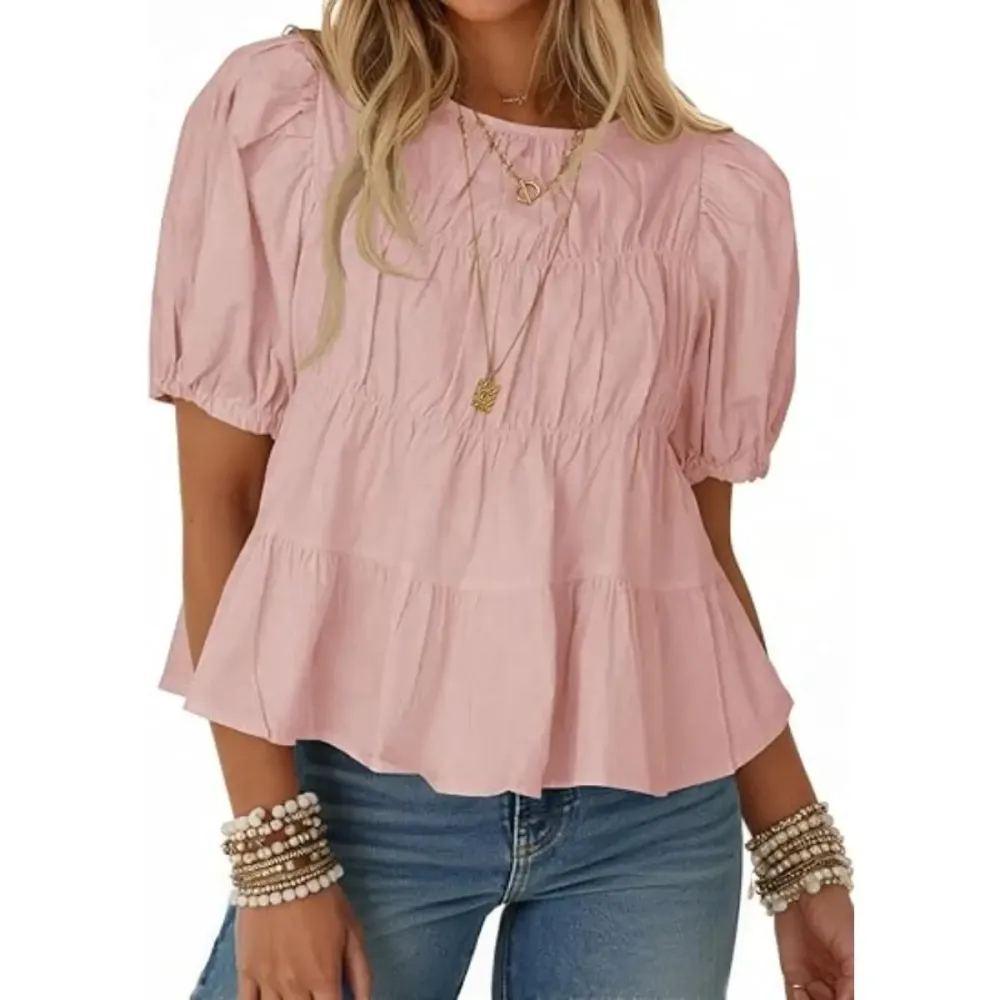 Womens Puff Sleeve Peplum Babydoll Tops