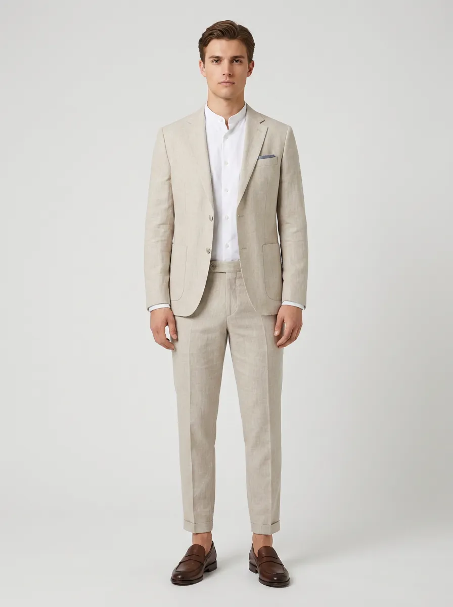 Men's Casual Summer Beige Linen Blend Two-Piece Suit