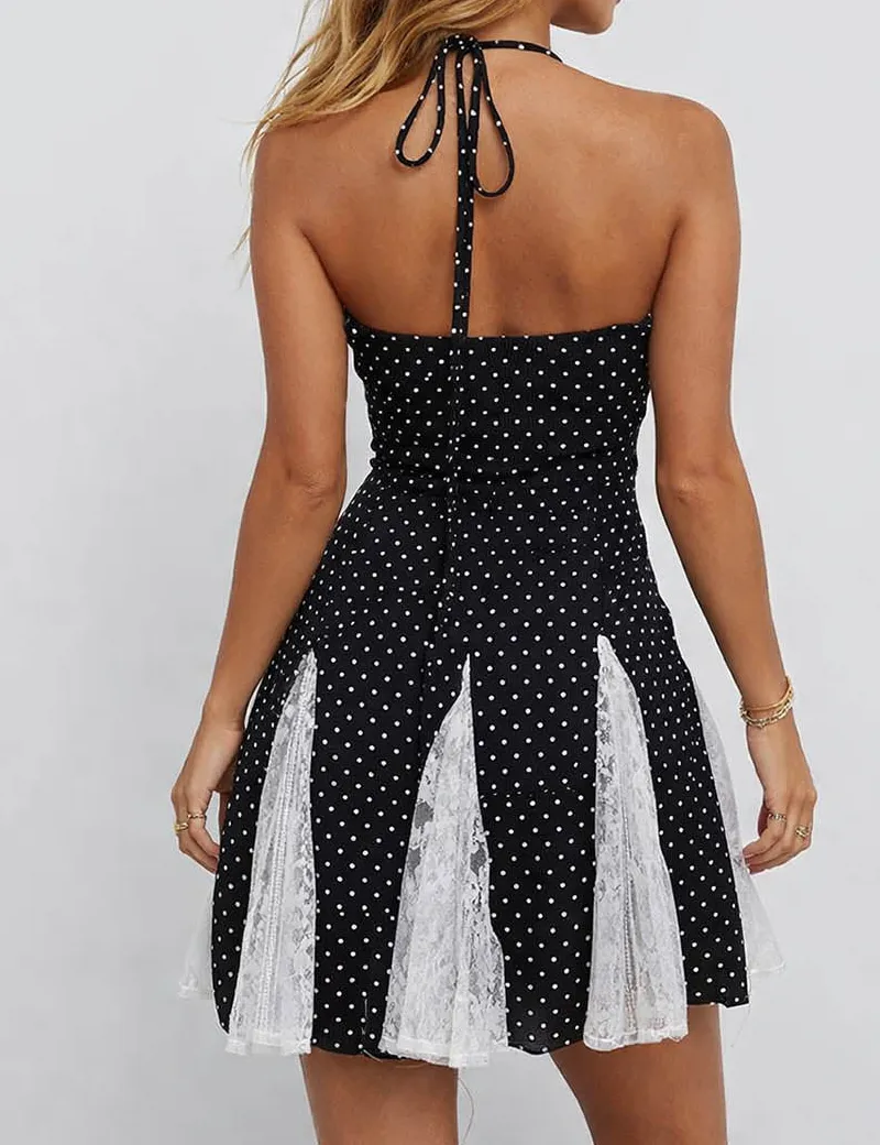 Polka Dot Halter Neck Lace Panel Cami Mini Dress