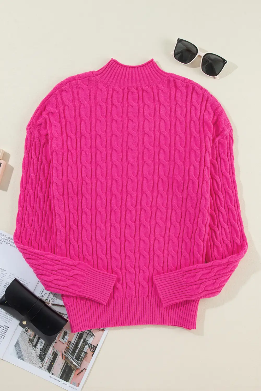 Solid Cable Knit High Neck Drop Shoulder Sweater