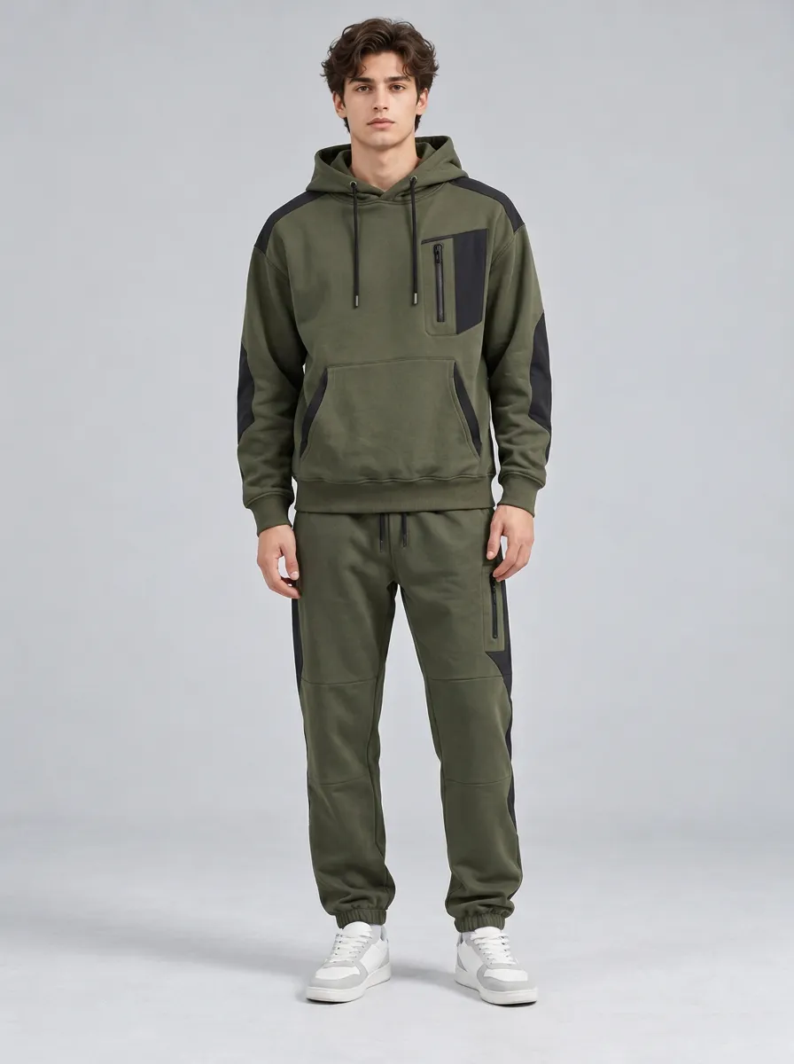 Men's Olive Green Color-Block Technical Hoodie and Jogger Set