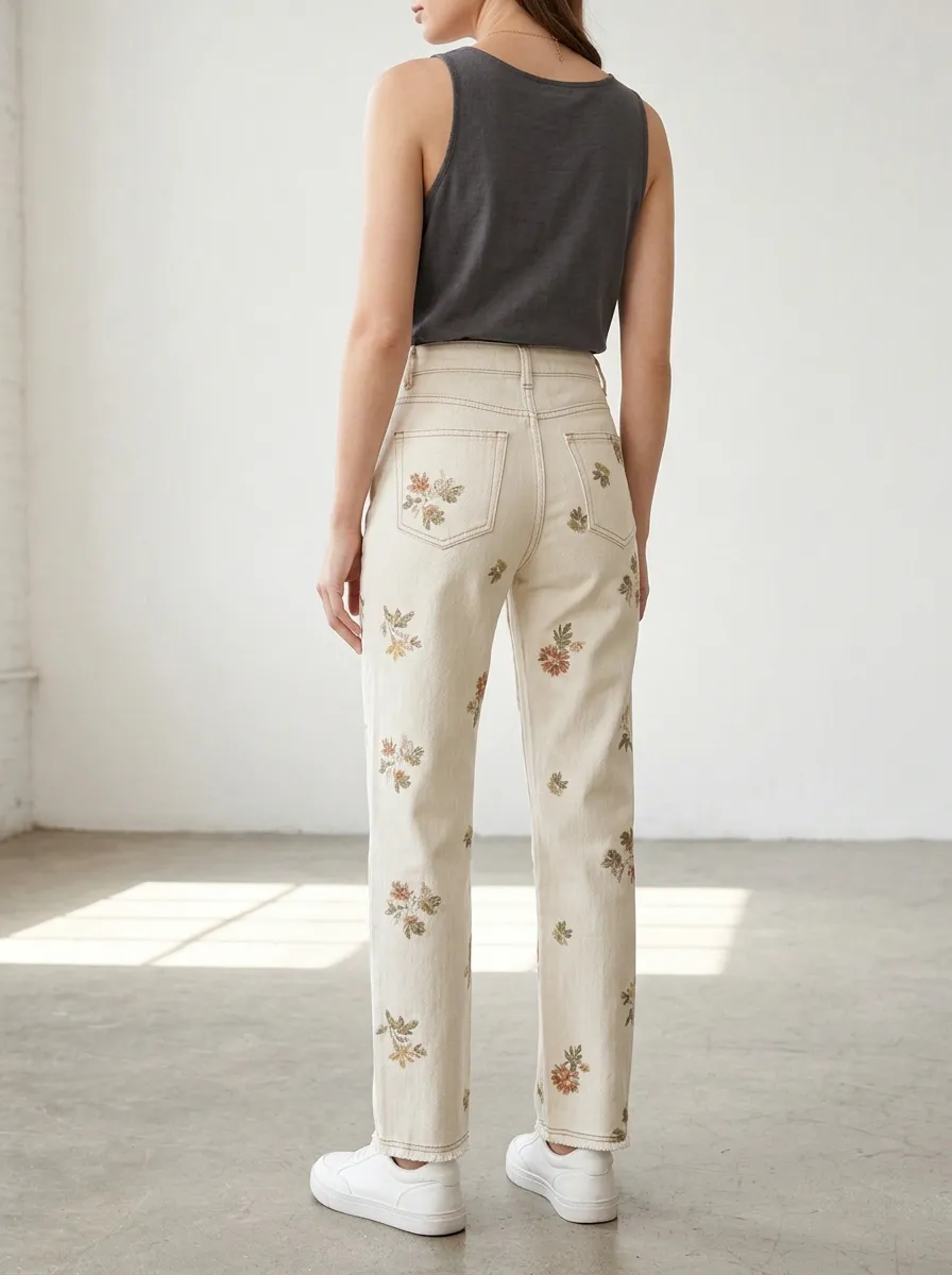 Women's Floral Botanical Vintage Cream Printed Jeans