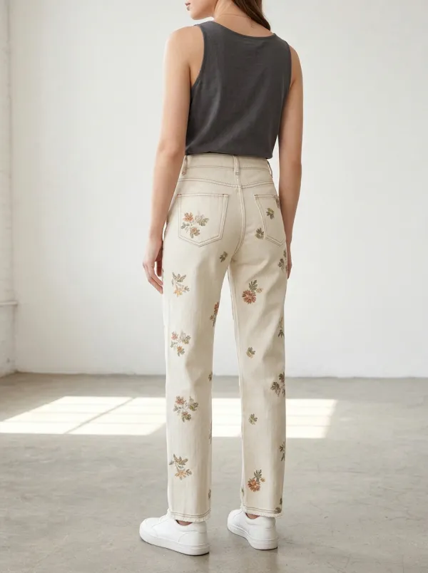 Women's Floral Botanical Vintage Cream Printed Jeans