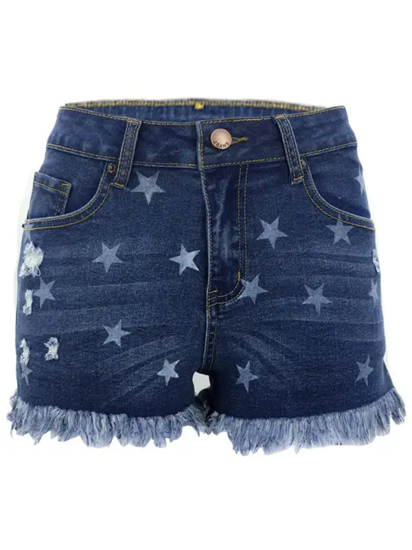 Fringe Pentagram Print High Waist Shorts Denim Pants