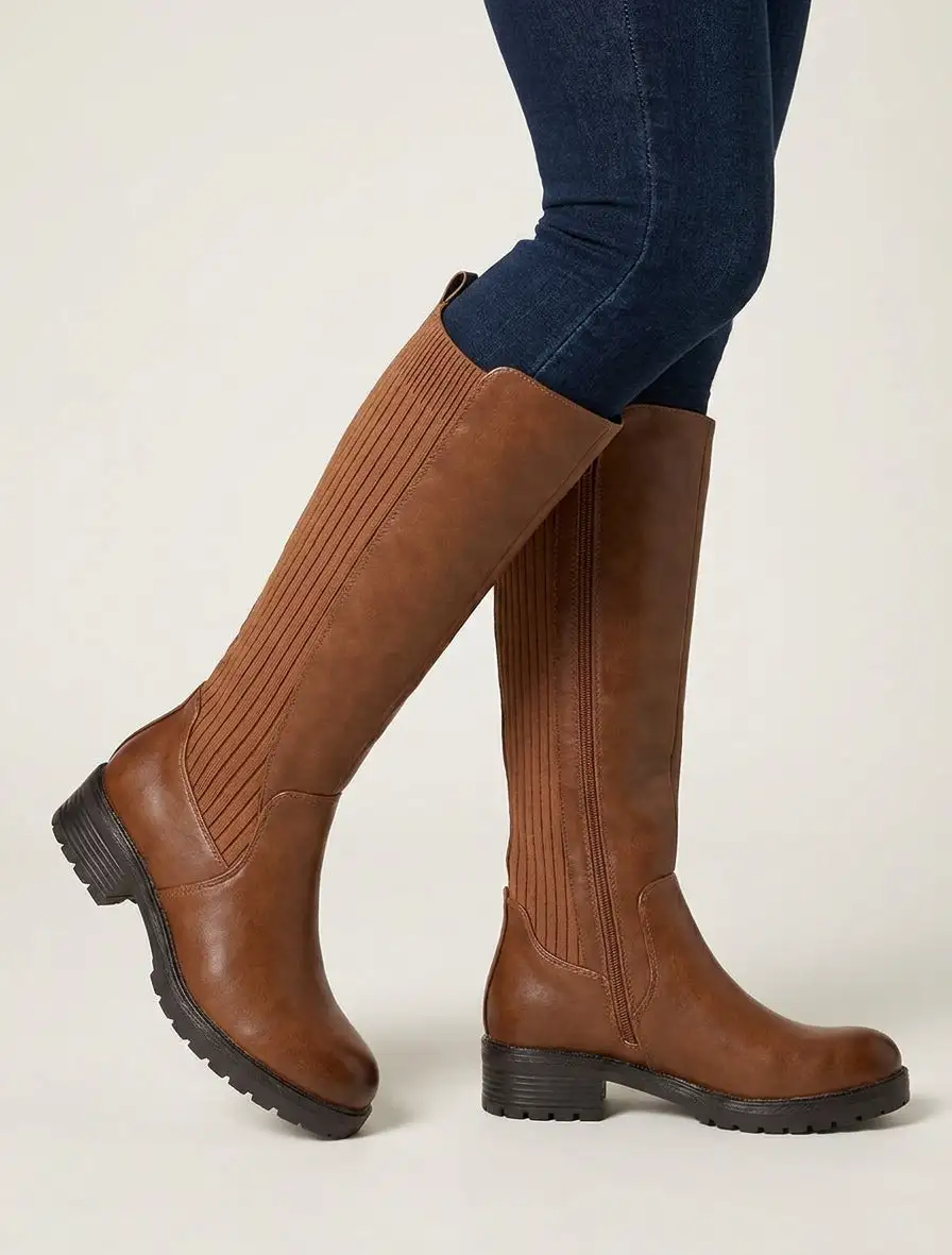 Tailored Stretch Panel Block Heel Faux Leather Knee High Boots