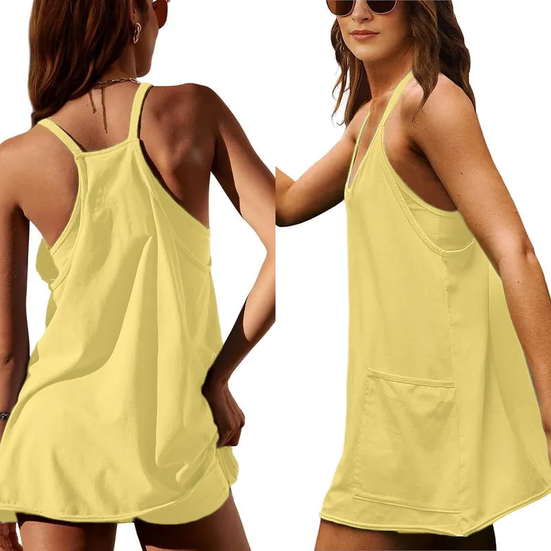 Women'S Womens Athletic Sleeveless Mini Dress With Built-In Shorts V Neck Spaghetti Strap Short Tennis Dress With Pockets