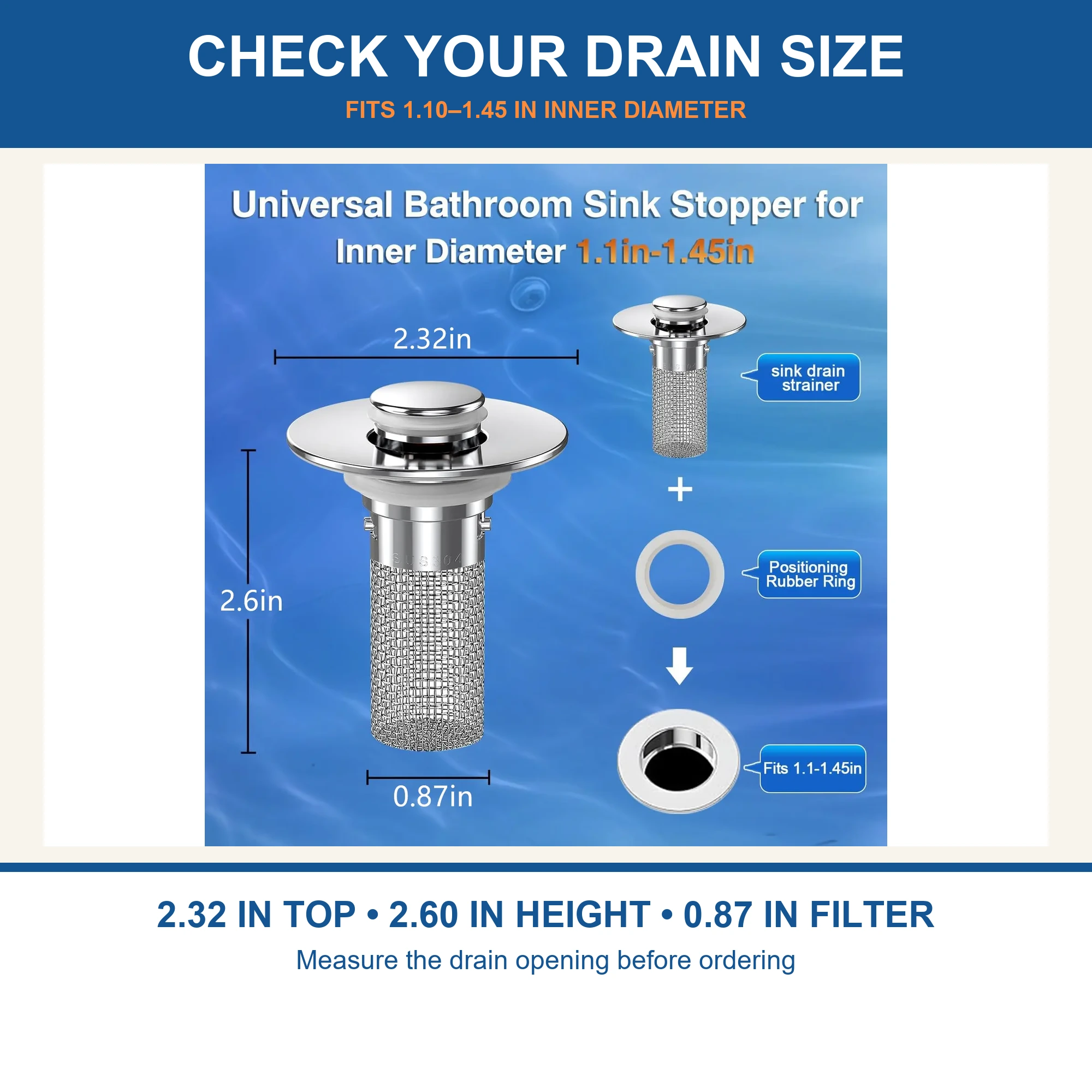 Universal Pop-Up Sink Drain Stopper with Stainless Steel Mesh Basket - Check Your Drain Size