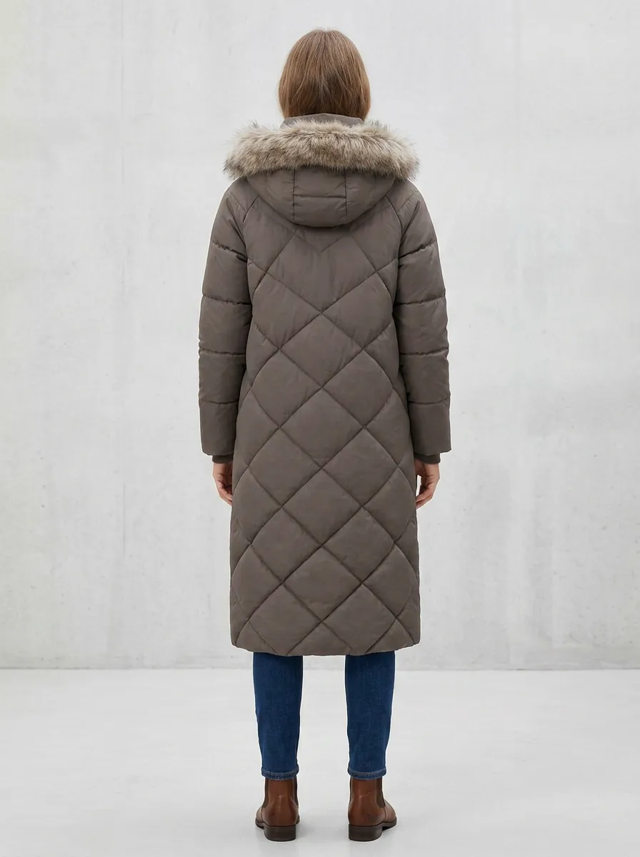 Structured Faux-Fur Puffer Long Hooded Coat