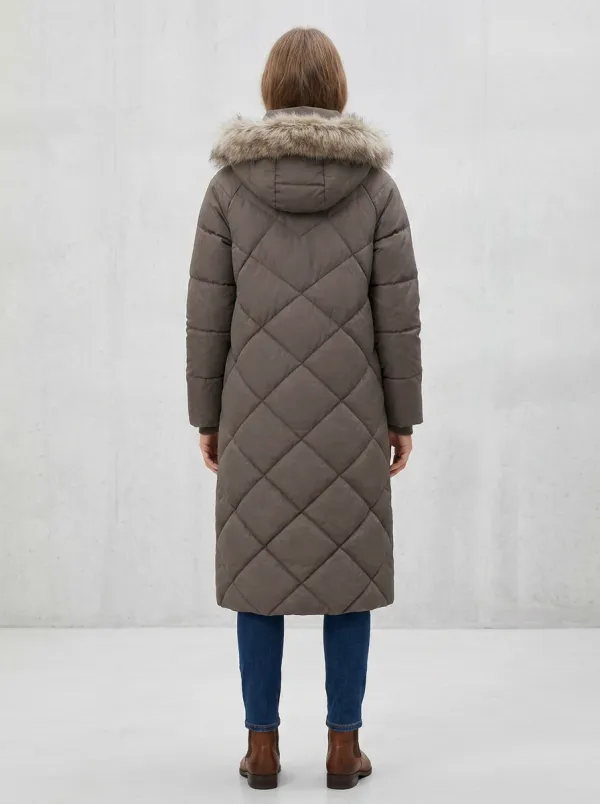 Structured Faux-Fur Puffer Long Hooded Coat