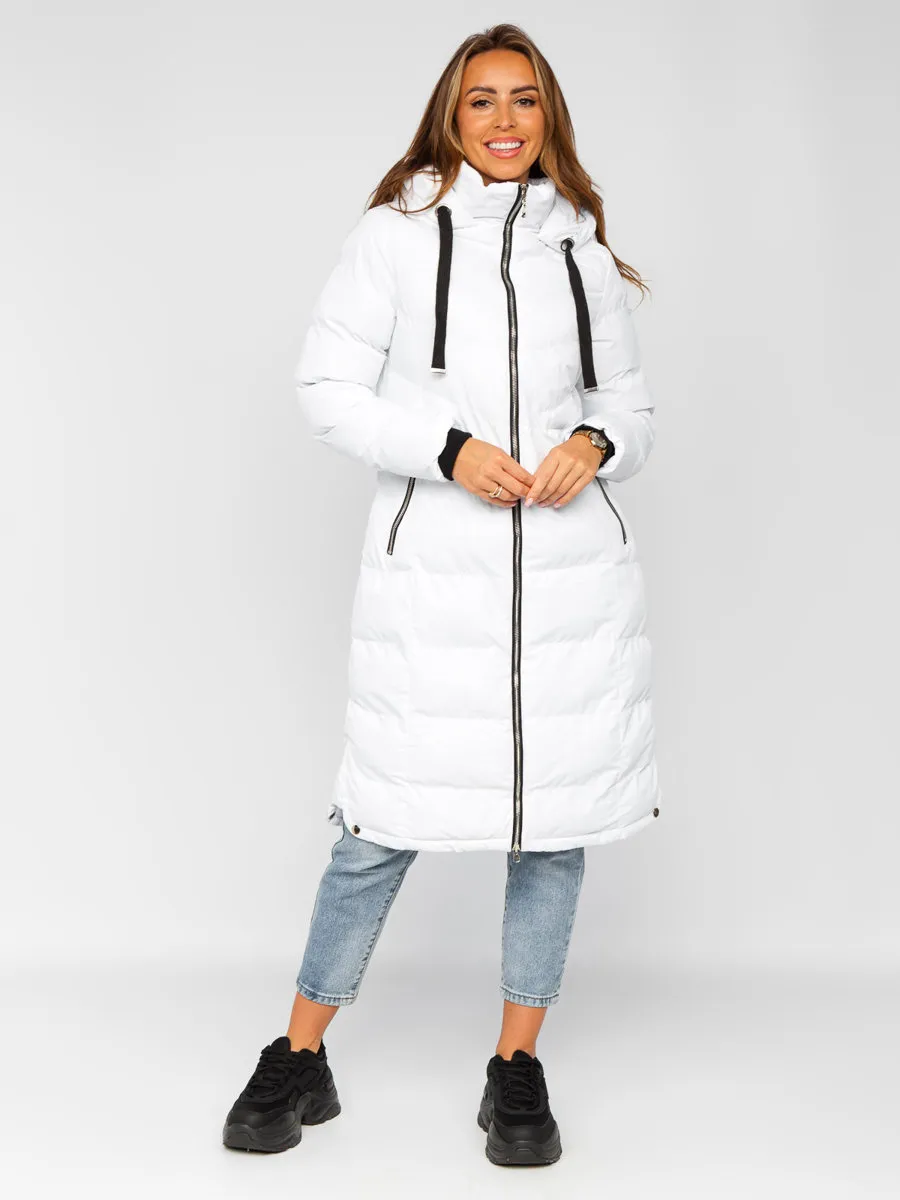 White women's long quilted winter jacket with hood