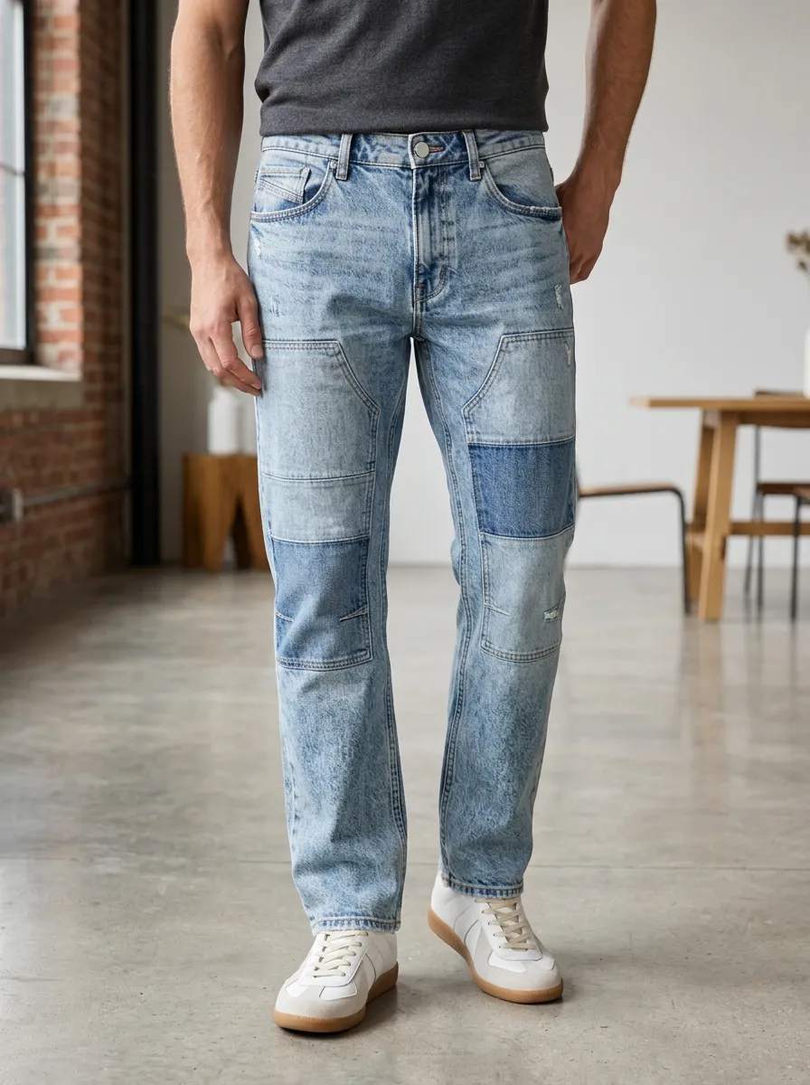 Men's Vintage Style Acid Wash Patchwork Printed Jeans