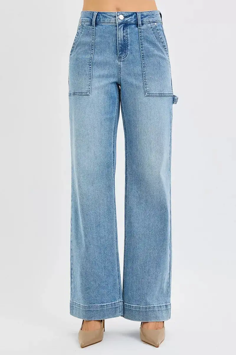 Tailored High-Rise Washed Pocketed Stretch Straight Leg Jeans