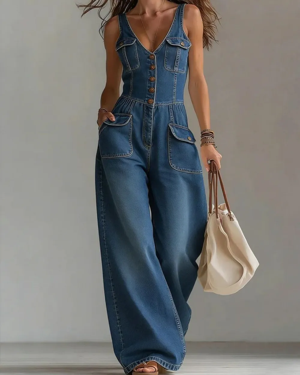 Washed Denim Loose-Fit Sleeveless Jumpsuit