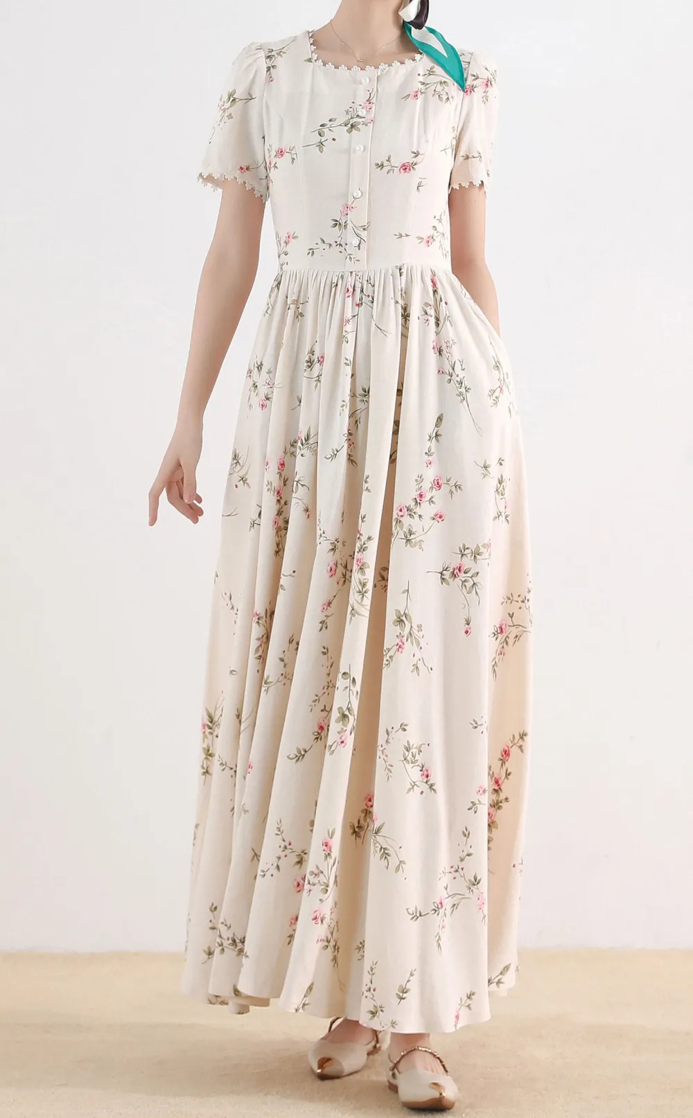 Refined Floral Linen Cotton A Line Short Sleeve Maxi Dress